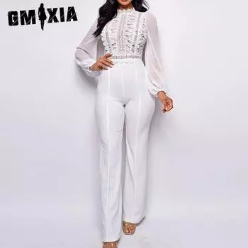 GMXIA Женский комбинезон прямого покроя с высокой талией и высоким воротом, кружевной комбинезон с длинными рукавами для женщин S чёрный