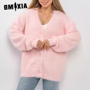GMXIA Женский вязаный кардиган из норки Lazy Wind, осенне-зимний свободный повседневный свитер с V-образным вырезом S хаки