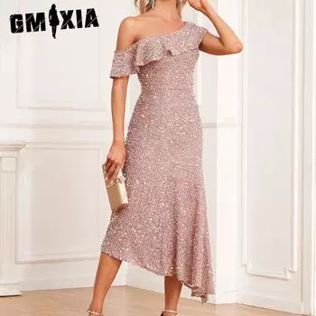 GMXIA Женское универсальное элегантное элегантное косое плечо с боковой молнией Волшебное яркое яркое платье средней длины нерегулярной юбки S хаки