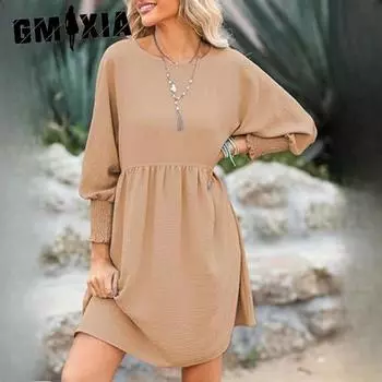 GMXIA Women s O-Neck Bandeau Cuffed Drawstring Casual Dress S чёрный