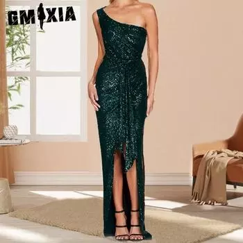 GMXIA Женское плиссированное платье на одно плечо со шнуровкой Sweet Spicy Wind с пайетками S темно-зеленого