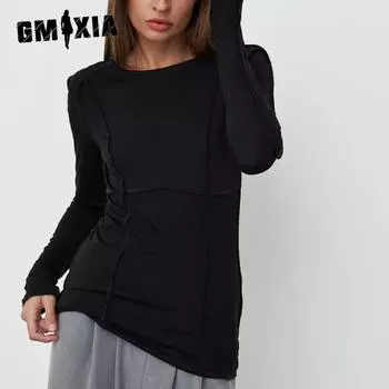 GMXIA Women s Round Neck T-shirt Spring New Fashion Temperament Casual Pressure Line Splicing Long-sleeved Bottoming T-shirt S чёрный