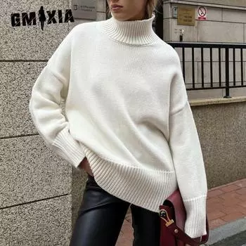 GMXIA Женский свитер с полувысоким воротом, однотонный вязаный свитер с высоким воротом для поездок на природу и зиму S белый