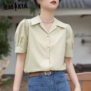 GMXIA Women s Short Sleeve Shirt Summer Career Commuter Simple Interview Blouse S трава зеленый