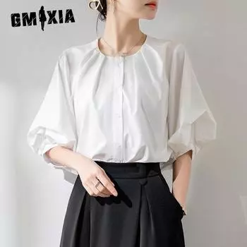 GMXIA Women s Simple Shirt Summer Blouse Commuter Style Medium Sleeve S белый