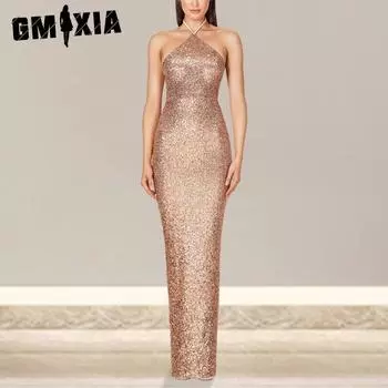 GMXIA Женское вечернее платье Spice Girl без рукавов с разрезом и пайетками S чёрный