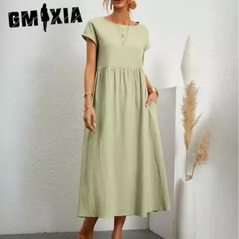 GMXIA Women s Solid Colour Loose Cotton and Linen Plug Pocket Dress S белый