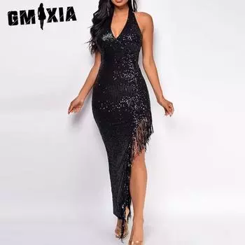 GMXIA женское вечернее платье с разрезом на спине без рукавов с бахромой и пайетками S чёрный