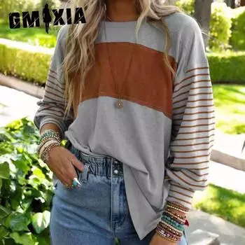 GMXIA Women s Spring and Autumn Pullover Round Neck Casual Striped Color Long Sleeve T-shirt Woman S серый