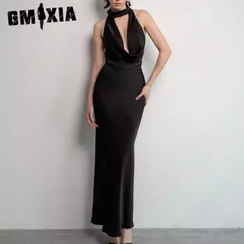 GMXIA Женское весеннее модное сексуальное атласное платье с глубоким вырезом и v-образным вырезом на шее, большое атласное платье с открытой спиной S чёрный