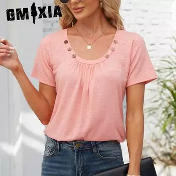 GMXIA Women s Spring Summer Button Square Collar Pleated Solid Color Loose T-shirt S розовый