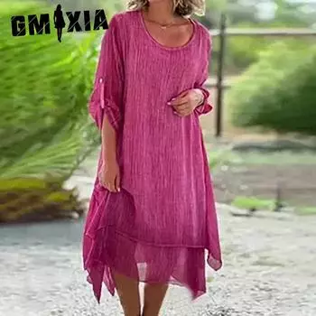 GMXIA Women s Spring Summer Fashion Casual O-Neck Long Sleeve Double Layers Elegant Solid Colour Dresses S розы красного