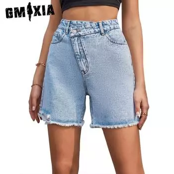 GMXIA Женские весенне-летние модные мешковатые джинсовые шорты с высокой талией для похудения XS светло-синий