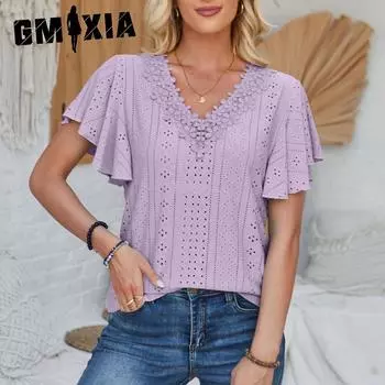 GMXIA Women s Spring Summer Lace V-neck Lotus Sleeve Solid Color Loose T-shirt S синий