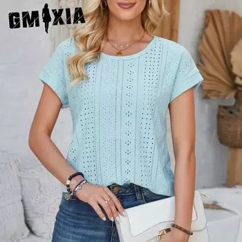 GMXIA Women s Spring Summer Loose Round Neck Eyelet Lace Solid Color T-shirt S синий