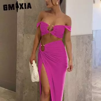 GMXIA Women s Spring Summer Sexy Halter Top Slim Pleated Slit Skirt Set Women s Summer Sundresses S жёлтый