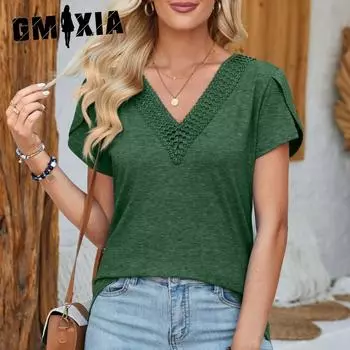 GMXIA Women s Spring Summer Spliced V-neck Petal Sleeve Solid Color Casual T-shirt S синий