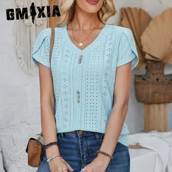 GMXIA Women s Spring Summer V-neck Button Spliced Petal Sleeve Solid Color T-shirt S белый