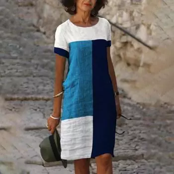 GMXIA Женское весеннее платье с клетчатым принтом и короткими рукавами, с круглым вырезом S