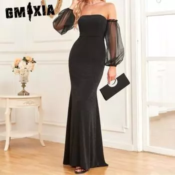 GMXIA Женское универсальное платье без бретелек с прозрачными рукавами и молнией сзади «рыбий хвост» Платье для танцев блестящее черное вечернее платье S чёрный