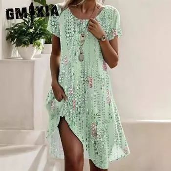 GMXIA Women s Summer O-Neck Simple Printed Casual Knit Dresses S зелёный