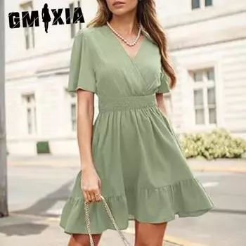 GMXIA Women s Summer Solid Color Deep V-Neck Elegant Ruffled Waist Dresses S зелёный
