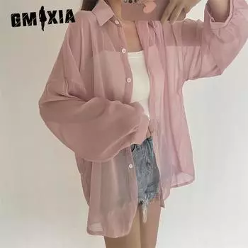 GMXIA Women s Summer Sunwear Shirt Thin See-through Chiffon Jacket Tops One Size синий