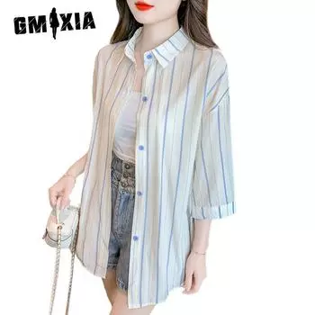 GMXIA Women s Summer Temperament Casual Striped Shirt Short Sleeve Sunscreen Thin Cardigan Top S розовый