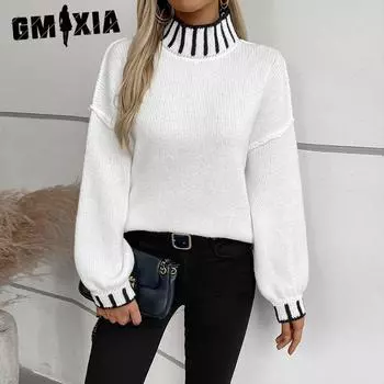 GMXIA Женский свитер Осень-Зима Свободный пуловер Винтаж Соответствующий цвет Водолазка Женский свитер S