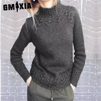 GMXIA Женский свитер Однотонный льняной узор Свитер Вязаный свитер для женщин S хаки