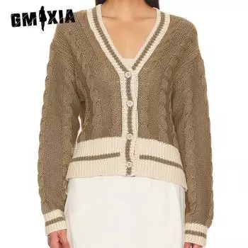 GMXIA Женский кардиган с V-образным вырезом и цветными блоками, вязаный кардиган, свободный модный джемпер на осень и зиму S зелёный