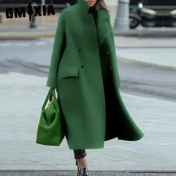 GMXIA Women s Vintage Casual Solid Color Print Autumn Winter Long Sleeve POLO Neck Jackets & Coats Woolen Coat Warm Commuter Style Coat S