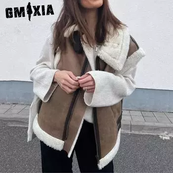 GMXIA Женские винтажные повседневные однотонные принтованные осенне-зимние безрукавные куртки и пальто с воротником-поло XS слоновая кость