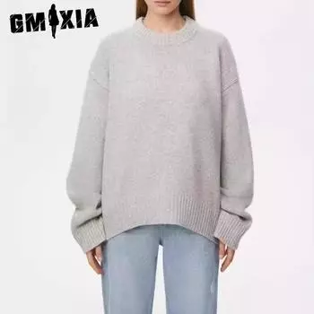 GMXIA вязаный свитер осень-зима с круглым вырезом свободный S светло-серый