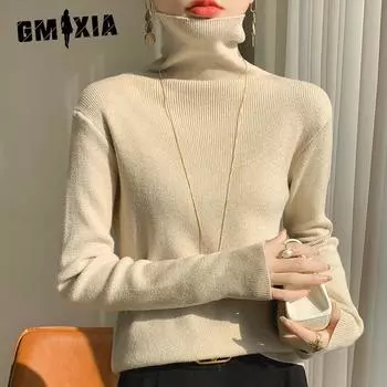 GMXIA Яркая шелковая трикотажная рубашка с длинным рукавом, женская кофта с высоким воротом, модный универсальный свитер с шортами, верхняя рубашка S белый