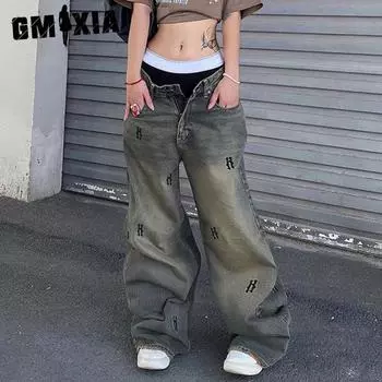GMXIA Заниженная талия ретро-стиль Do Old Print Simple Letter Джинсы Уличные свободные повседневные широкие брюки для женщин S