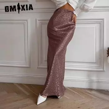 GMXIA Жаккардовая юбка до половины тела с леопардовым принтом. Летняя новая тенденция. Длинная юбка до середины тела с жаккардовым леопардовым принтом. S светло-коричневого