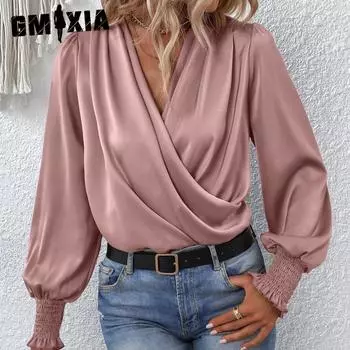 GMXIA Женская элегантная женская рубашка с V-образным вырезом и рукавом-фонариком, однотонная рубашка для пригородных поездок S белый