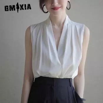 GMXIA Женская атласная летняя свободная тонкая блузка без рукавов хорошего качества, шифоновая рубашка S темно-синий