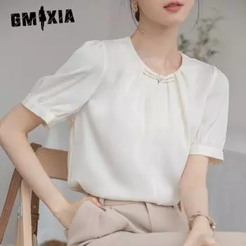 GMXIA Женская атласная новая китайская рубашка с коротким рукавом, летний дизайн, плиссированная винтажная блузка с пуговицами, маленькая рубашка S абрикосовый