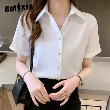 GMXIA Женская атласная рубашка, женская летняя свободная блузка с короткими рукавами, вертикальная, с металлической пряжкой, модная тонкая шифоновая блузка S белый