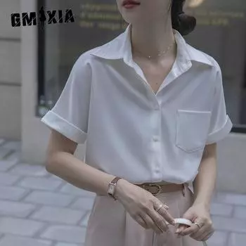 GMXIA Женская белая летняя атласная летняя темпераментная блузка с короткими рукавами для поездок на работу, профессиональная простая тонкая универсальная блузка, женская рубашка S белый