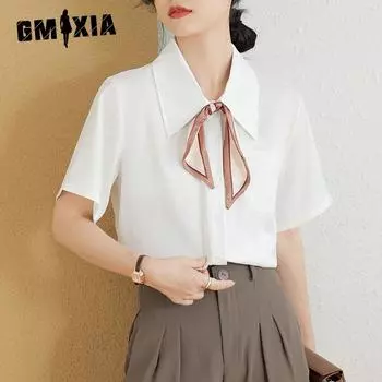 GMXIA Женская драпированная шифоновая рубашка с галстуком-бабочкой и лацканами, белая блузка, женские летние топы с коротким рукавом для собеседований S слоновая кость