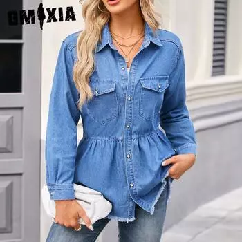 GMXIA Женская джинсовая рубашка с длинными рукавами, весна-осень, топ с необработанным краем S синий