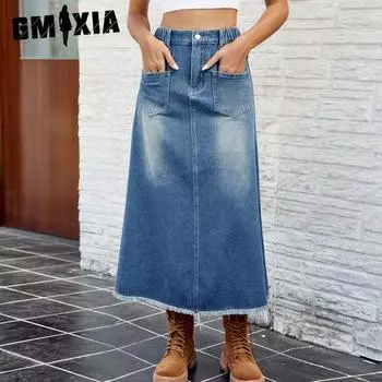 GMXIA Женская джинсовая юбка миди из шерстяной ткани с потертым подолом, весна-лето S синий