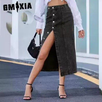 GMXIA Женская джинсовая юбка с асимметричным разрезом и высокой талией XS