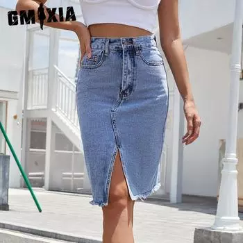 GMXIA Женская джинсовая юбка с высокой талией и разрезом на бедрах, сумка средней длины XS синий