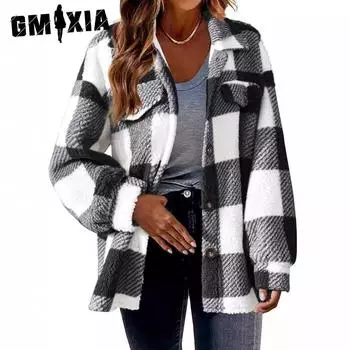 GMXIA Женская флисовая куртка осень-зима из овечьей шерсти с карманом на пуговицах S серый