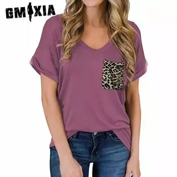GMXIA Женская футболка больших размеров с V-образным вырезом, карманом, коротким рукавом и подвернутым краем, свободный топ на весну-лето S чёрный