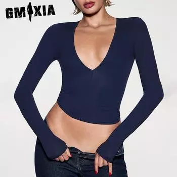 GMXIA Женская футболка осень-зима с глубоким V-образным вырезом, однотонная, короткая, с разрезом и длинным рукавом S темно-синий